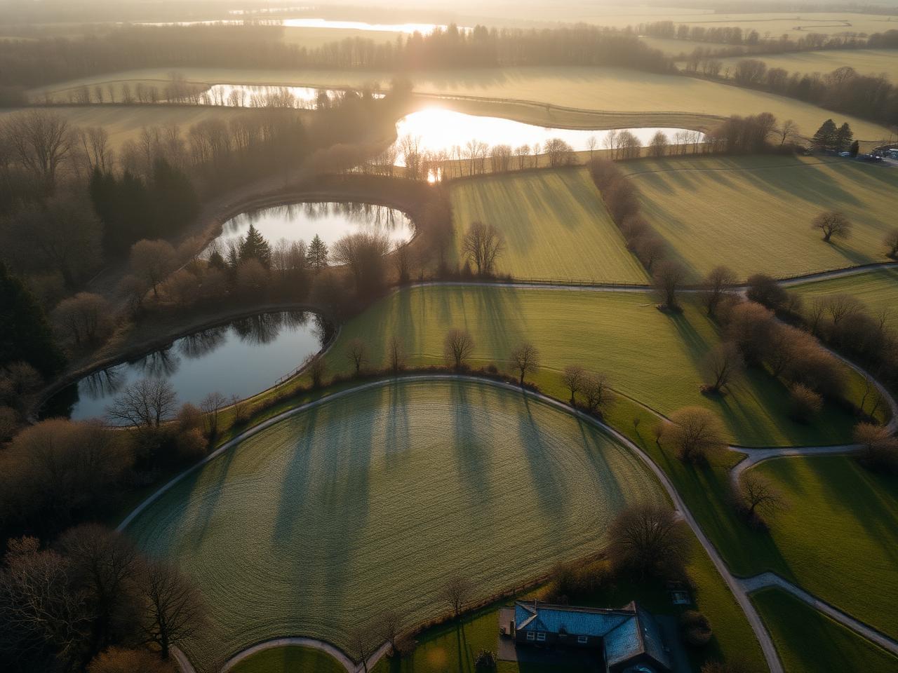 Aerial view of the estate's lakes, woodland and frosted pasture in winter