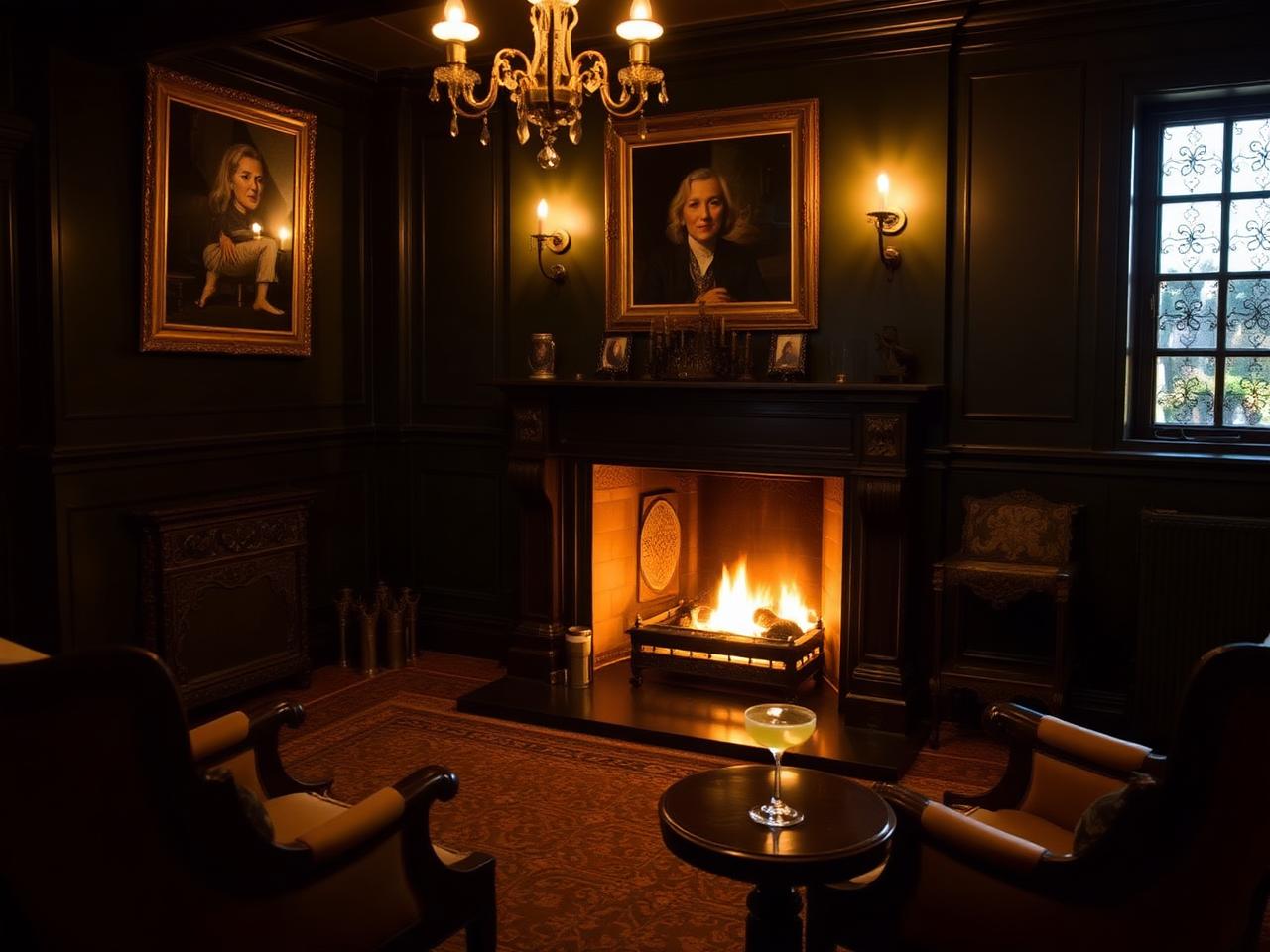 Manor drawing room with a roaring fireplace, candlelight and antique armchairs